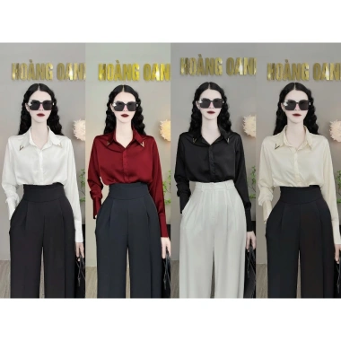 Áo sơ mi lụa trơn, ngọc trai sang trọng Cổ phối Tag V - Giá ưu đãi 289.000₫