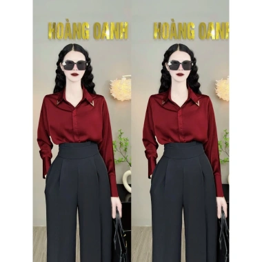 Áo sơ mi lụa trơn, ngọc trai sang trọng Cổ phối Tag V - Giá ưu đãi 289.000₫