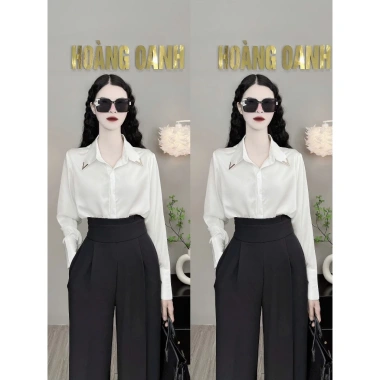 Áo sơ mi lụa trơn, ngọc trai sang trọng Cổ phối Tag V - Giá ưu đãi 289.000₫