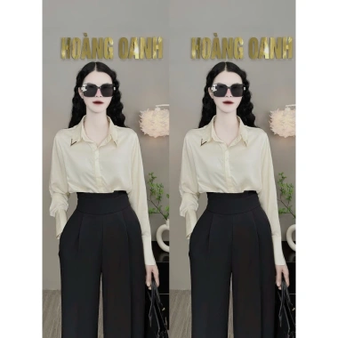 Áo sơ mi lụa trơn, ngọc trai sang trọng Cổ phối Tag V - Giá ưu đãi 289.000₫