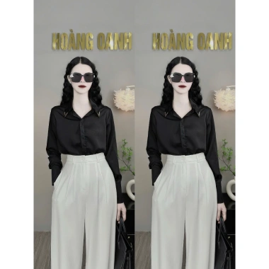 Áo sơ mi lụa trơn, ngọc trai sang trọng Cổ phối Tag V - Giá ưu đãi 289.000₫