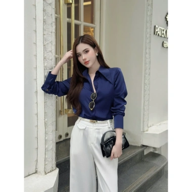 Áo sơ mi lụa vân 11 màu Nelly - Đệm cầu vai, cúc vạt cổ dài, măng sét tay cao, hottrend 2.025 Nữ, chỉ 329k 2