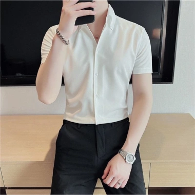 Áo sơ mi nam cộc tay HT trắng đen ôm vải lụa - Công sở Hàn Quốc 300k