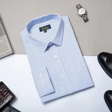 Áo sơ mi nam công sở Anton Somianton xanh dương dài tay, kẻ caro trắng xanh, cotton, 380k
