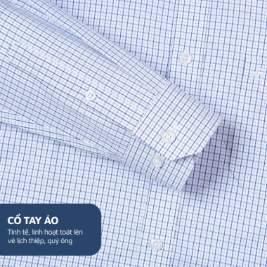 Áo sơ mi nam công sở Anton Somianton xanh dương dài tay, kẻ caro trắng xanh, cotton, 380k