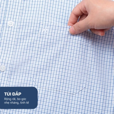 Áo sơ mi nam công sở Anton Somianton xanh dương dài tay, kẻ caro trắng xanh, cotton, 380k