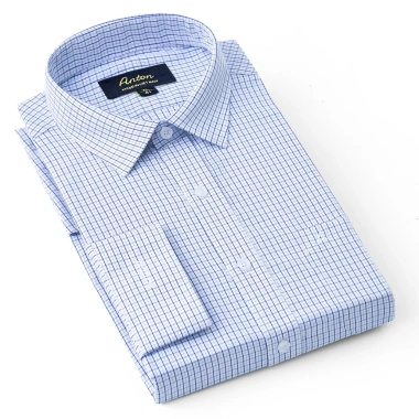 Áo sơ mi nam công sở Anton Somianton xanh dương dài tay, kẻ caro trắng xanh, cotton, 380k