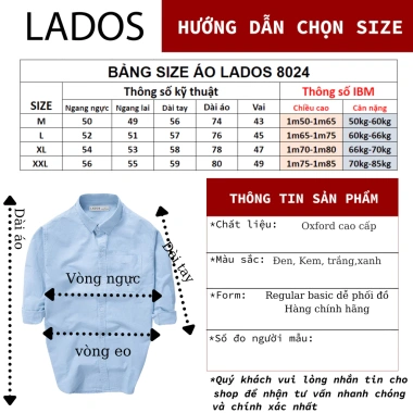 Áo sơ mi nam dài tay LADOS 8.024 OXFORD mịn mát, form chuẩn, túi tiện, giá ưu đãi 219.000 VND