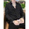 Áo sơ mi nam Hàn Quốc cao cấp Drape không kim dài tay đen trắng chấm bi giảm giá