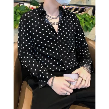 Áo sơ mi nam Hàn Quốc cao cấp Drape không kim dài tay đen trắng chấm bi giảm giá 2 Áo sơ mi nam Hàn Quốc cao cấp Drape không kim dài tay đen trắng chấm bi giảm giá 2
