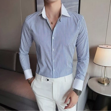 Áo sơ mi nam Hàn Quốc kẻ sọc xanh đen, cổ trẻ trung, form đẹp, vải cao cấp - 300.000