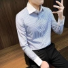 Áo sơ mi nam kẻ sọc xanh tay dài Hàn Quốc, vải lụa không nhăn cao cấp, viền cổ trắng trẻ trung, size lớn 300k 3