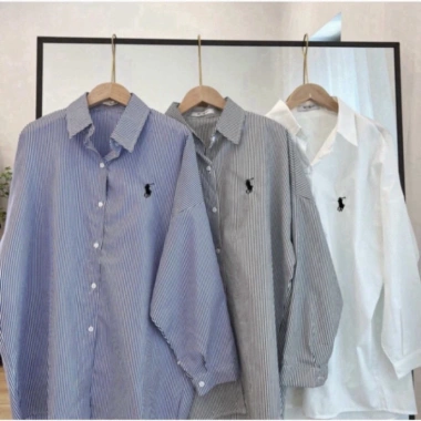 Áo Sơ Mi Nam Nữ Kẻ Sọc Xanh Xám Dài Tay Thêu Ngựa Cotton Hottrend 2.025 Giá 145k