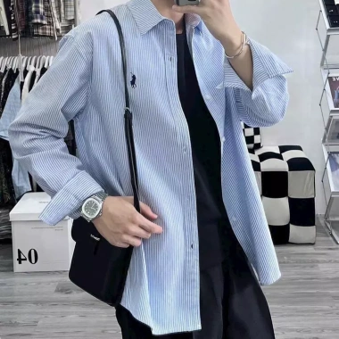 Áo Sơ Mi Nam Nữ Kẻ Sọc Xanh Xám Dài Tay Thêu Ngựa Cotton Hottrend 2.025 Giá 145k 2