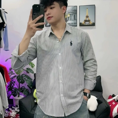 Áo Sơ Mi Nam Nữ Kẻ Sọc Xanh Xám Dài Tay Thêu Ngựa Cotton Hottrend 2.025 Giá 145k 5