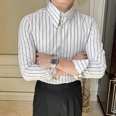 Áo sơ mi nam phong cách Ý cổ nhọn, sọc cao cấp không viền công sở thường ngày 9 Áo sơ mi nam phong cách Ý cổ nhọn, sọc cao cấp không viền công sở thường ngày 9