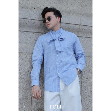 Áo sơ mi nam POLI kẻ sọc cổ cột nơ siêu iu - Giá 600.000 VND, giảm từ 774.000 VND
