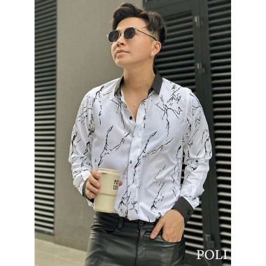 Áo sơ mi nam POLI MAN trắng họa tiết vân đen - Giá ưu đãi 325.000 VNĐ
