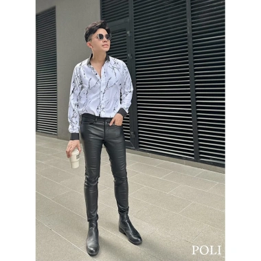 Áo sơ mi nam POLI MAN trắng họa tiết vân đen - Giá ưu đãi 325.000 VNĐ