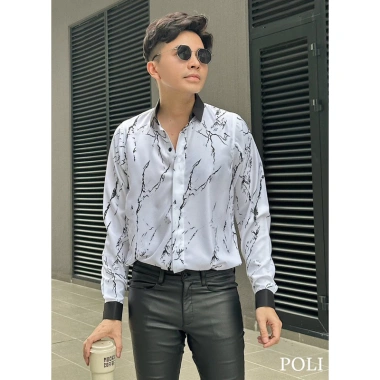 Áo sơ mi nam POLI MAN trắng họa tiết vân đen - Giá ưu đãi 325.000 VNĐ