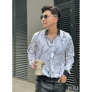 Áo sơ mi nam POLI MAN trắng họa tiết vân đen - Giá ưu đãi 325.000 VNĐ