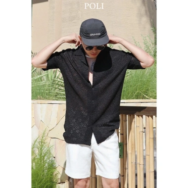 Áo sơ mi nam POLI tay ngắn đen ren thêu - Phong cách du lịch hè, chỉ 600.000₫