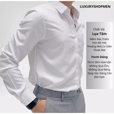 Áo sơ mi nam trơn LuxuryShopMen chất lụa thoáng mát, dài tay, form dáng slim vừa vặn - giá 239.000₫
