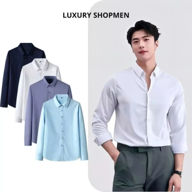 Áo sơ mi nam trơn LuxuryShopMen chất lụa thoáng mát, dài tay, form dáng slim vừa vặn - giá 239.000₫