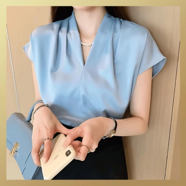 Áo sơ mi ngắn tay hến cổ V JISOO FASHIONS rộng, lụa cao cấp mềm mịn - công sở 69.000₫ 7