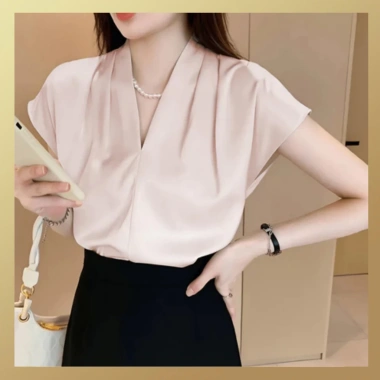 Áo sơ mi ngắn tay hến cổ V JISOO FASHIONS rộng, lụa cao cấp mềm mịn - công sở 69.000₫ 8