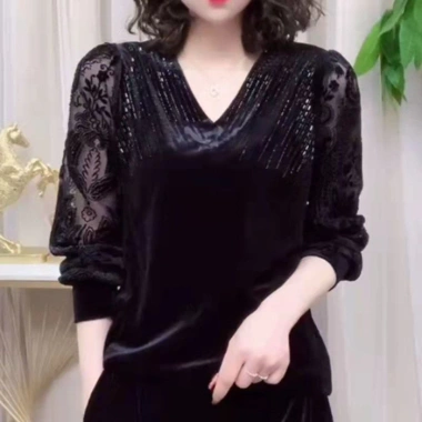 Áo sơ mi nhung mỏng xuân thu tay dài cổ chữ V thời trang nữ - Giá 201.301 VND