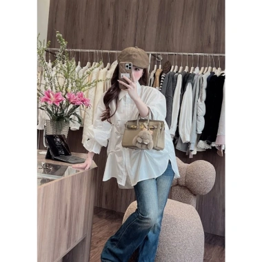 Áo sơ mi nữ Cama HCOM27.011 tay dài bo chun, nơ đá form rộng giấu quần - 229k