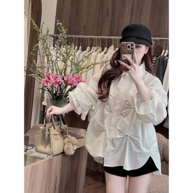 Áo sơ mi nữ Cama HCOM27.011 tay dài bo chun, nơ đá form rộng giấu quần - 229k
