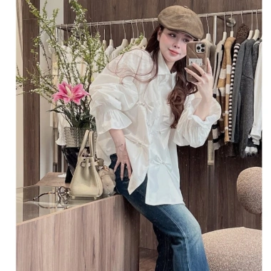 Áo sơ mi nữ Cama HCOM27.011 tay dài bo chun, nơ đá form rộng giấu quần - 229k 6 Áo sơ mi nữ Cama HCOM27.011 tay dài bo chun, nơ đá form rộng giấu quần - 229k 6