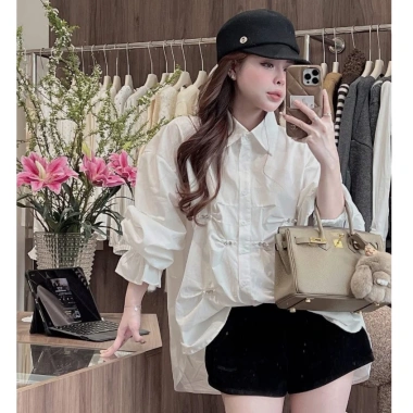 Áo sơ mi nữ Cama HCOM27.011 tay dài bo chun, nơ đá form rộng giấu quần - 229k