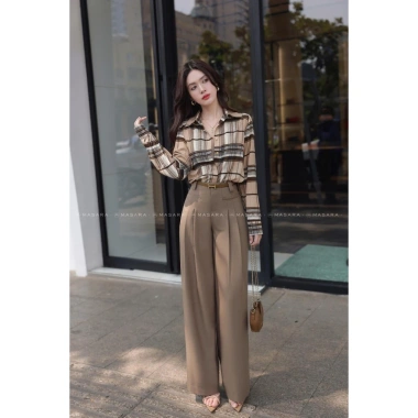 Áo sơ mi nữ caro nâu lụa dài tay cao cấp công sở MQ Boutique 289k 2