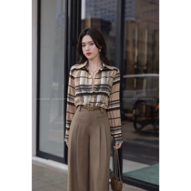 Áo sơ mi nữ caro nâu lụa dài tay cao cấp công sở MQ Boutique 289k 5