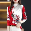 Áo sơ mi nữ cổ cao nửa cổ dài tay mùa xuân thu 2.024 in hình bụng cao cấp phong cách