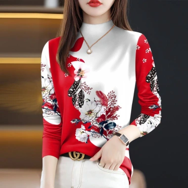 Áo sơ mi nữ cổ cao nửa cổ dài tay mùa xuân thu 2.024 in hình bụng cao cấp phong cách