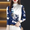 Áo sơ mi nữ cổ cao nửa cổ dài tay mùa xuân thu 2.024 in hình bụng cao cấp phong cách 2
