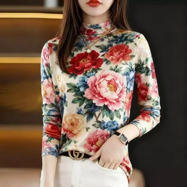 Áo sơ mi nữ cổ cao nửa cổ dài tay mùa xuân thu 2.024 in hình bụng cao cấp phong cách