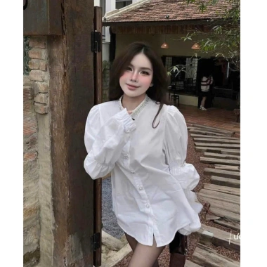 Áo sơ mi nữ cổ ngọc tay bồng khuy đá babydol - quần xinh, siêu tôn, giảm còn 199k 2