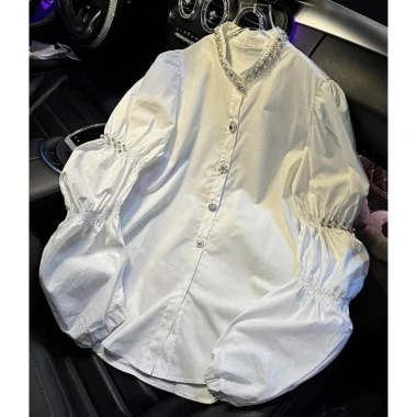 Áo sơ mi nữ cổ ngọc tay bồng khuy đá babydol - quần xinh, siêu tôn, giảm còn 199k 3
