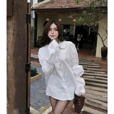 Áo sơ mi nữ cổ ngọc tay bồng khuy đá babydol - quần xinh, siêu tôn, giảm còn 199k 6