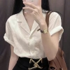 Áo sơ mi nữ cổ vest form suông, tay cộc vai trễ, linen bột mềm mát, form rộng - ASM09 - giảm 22%