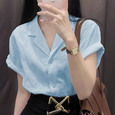 Áo sơ mi nữ cổ vest form suông, tay cộc vai trễ, linen bột mềm mát, form rộng - ASM09 - giảm 22% 2