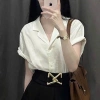 Áo sơ mi nữ cổ vest form suông, tay cộc vai trễ, linen bột mềm mát, form rộng - ASM09 - giảm 22% 3