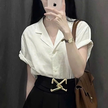 Áo sơ mi nữ cổ vest form suông, tay cộc vai trễ, linen bột mềm mát, form rộng - ASM09 - giảm 22% 3