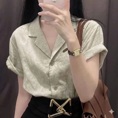 Áo sơ mi nữ cổ vest form suông, tay cộc vai trễ, linen bột mềm mát, form rộng - ASM09 - giảm 22% 4