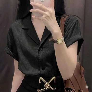 Áo sơ mi nữ cổ vest form suông, tay cộc vai trễ, linen bột mềm mát, form rộng - ASM09 - giảm 22% 5